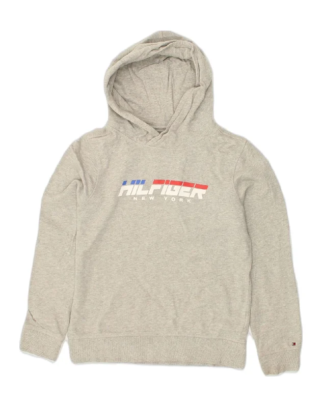 men's heavy-duty hoodies -TOMMY HILFIGER Boys Graphic Hoodie Jumper 11-12 Years Grey Cotton