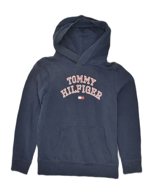 men's hoodie sweatshirt with hoods -TOMMY HILFIGER Boys Graphic Hoodie Jumper 11-12 Years Navy Blue Cotton