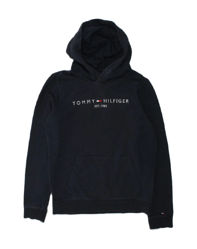 men's hoodie for outdoor wear -TOMMY HILFIGER Boys Graphic Hoodie Jumper 14-15 Years Navy Blue Cotton