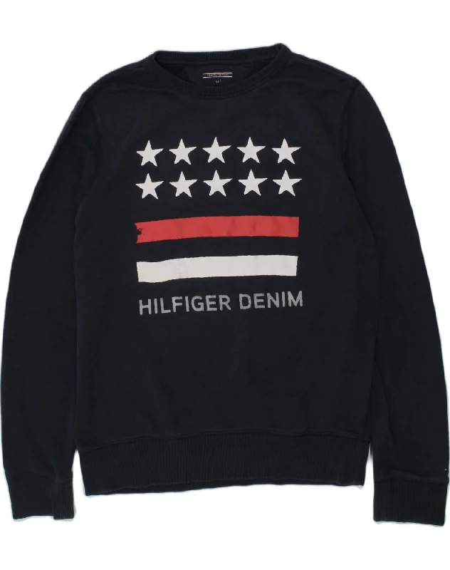 men's pullover hoodie for winter -TOMMY HILFIGER Boys Graphic Sweatshirt Jumper 13-14 Years Blue Cotton