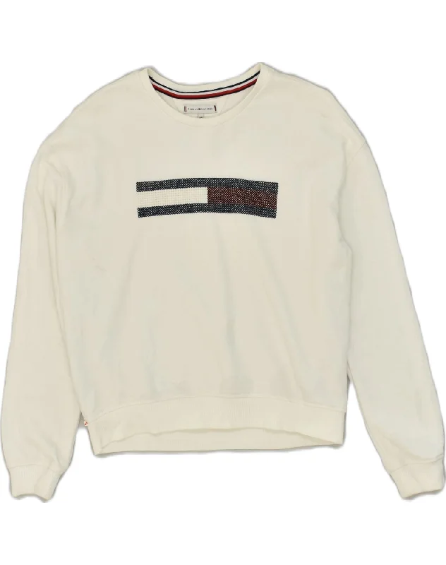 men's performance hoodies -TOMMY HILFIGER Boys Graphic Sweatshirt Jumper 13-14 Years White Cotton