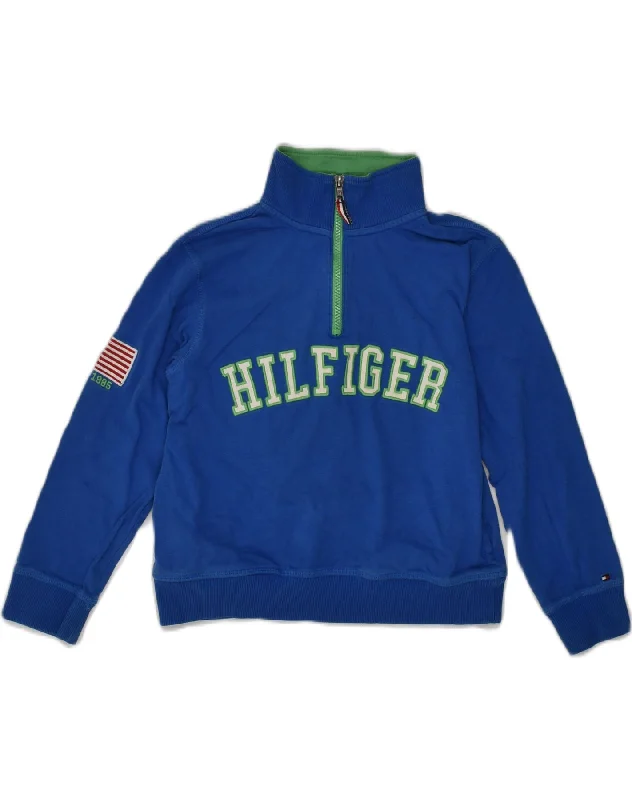 men's stylish pullover sweatshirts -TOMMY HILFIGER Boys Zip Neck Sweatshirt Jumper 8-9 Years Small Blue Cotton