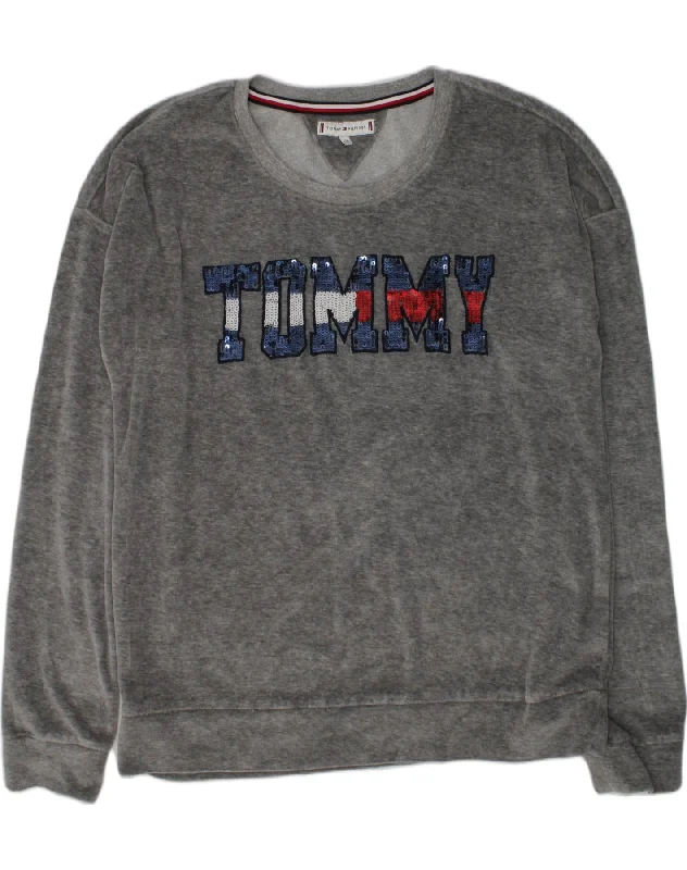 men's hoodie sweatshirt for weekend -TOMMY HILFIGER Girls Graphic Sweatshirt Jumper 15-16 Years Grey Cotton