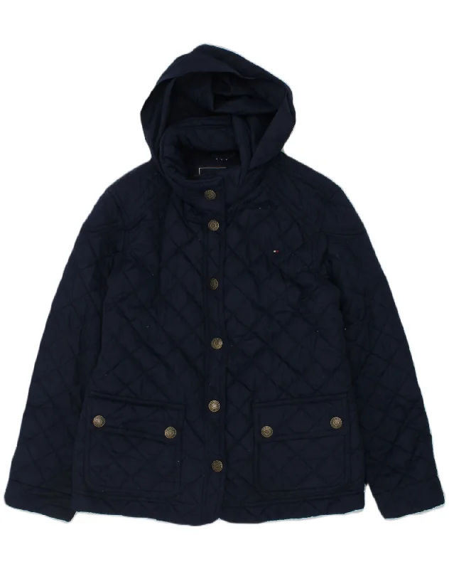 men's waterproof puffer jackets -TOMMY HILFIGER Girls Hooded Quilted Jacket 8-9 Years Medium Navy Blue