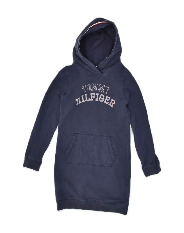 men's hoodies with slogans -TOMMY HILFIGER Girls Longline Fit Hoodie Jumper 11-12 Years Navy Blue