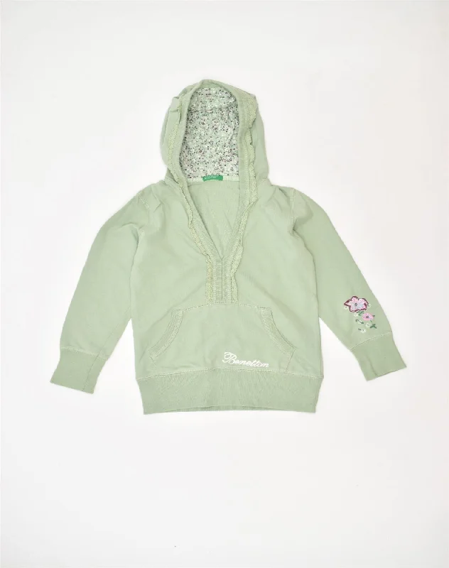 men's hoodie sweatshirt with graphics -UNITED COLORS OF BENETTON Girls Hoodie Jumper 4-5 Years Green Flower