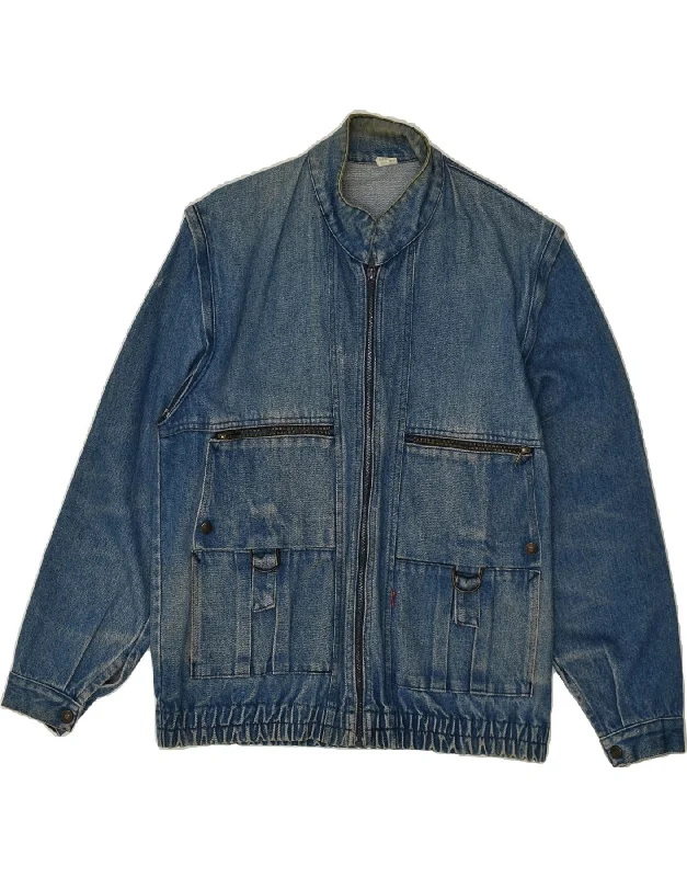 men's bomber jacket with patches -VINTAGE Mens Denim Jacket UK 40 Large Navy Blue Cotton