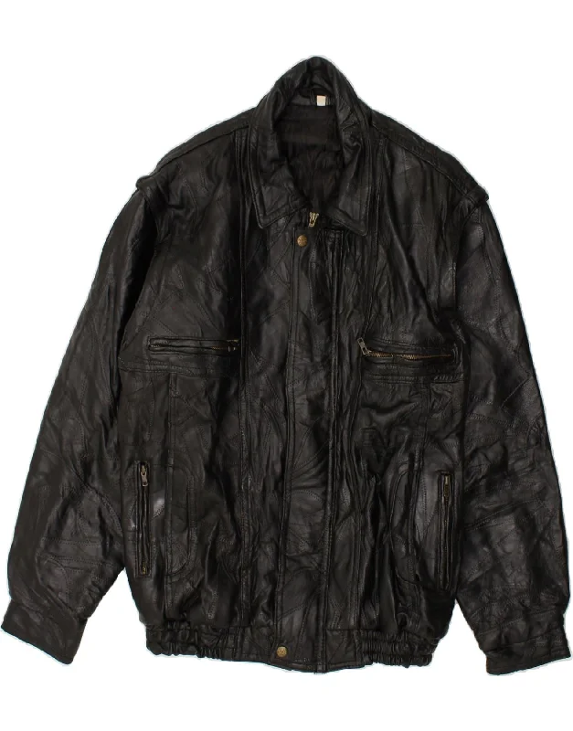 men's jacket for autumn wear -VINTAGE Mens Leather Jacket UK 40 Large Black Patchwork Leather