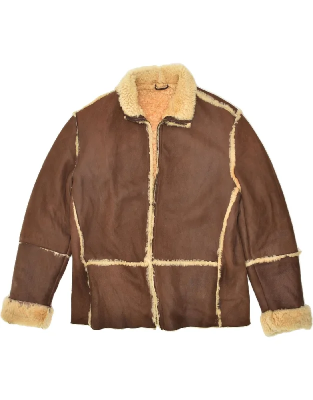 men's rugged jackets -VINTAGE Mens Shearling Jacket IT 50 Large Brown Shearling