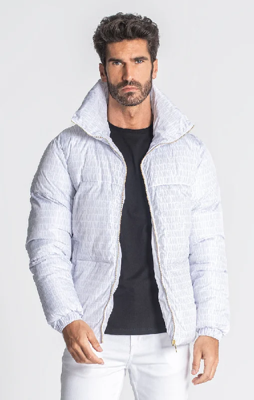 men's parka jackets with fur -White Typo Puffer Jacket